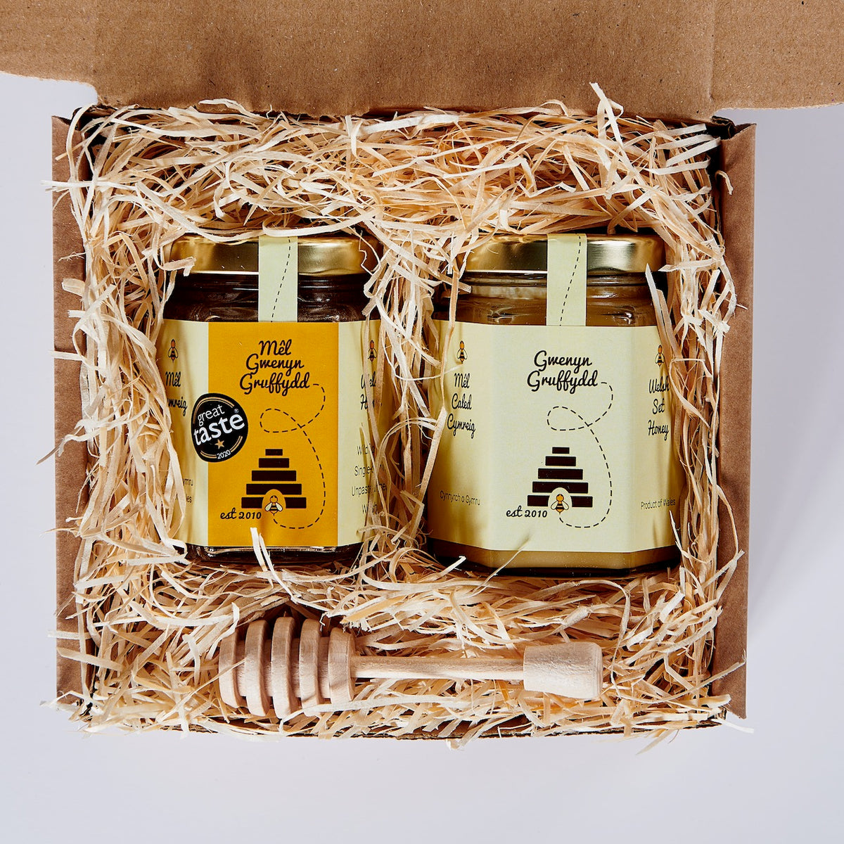 Welsh Runny British Set Honey Gift Set with Wooden Honey Dipper 227g