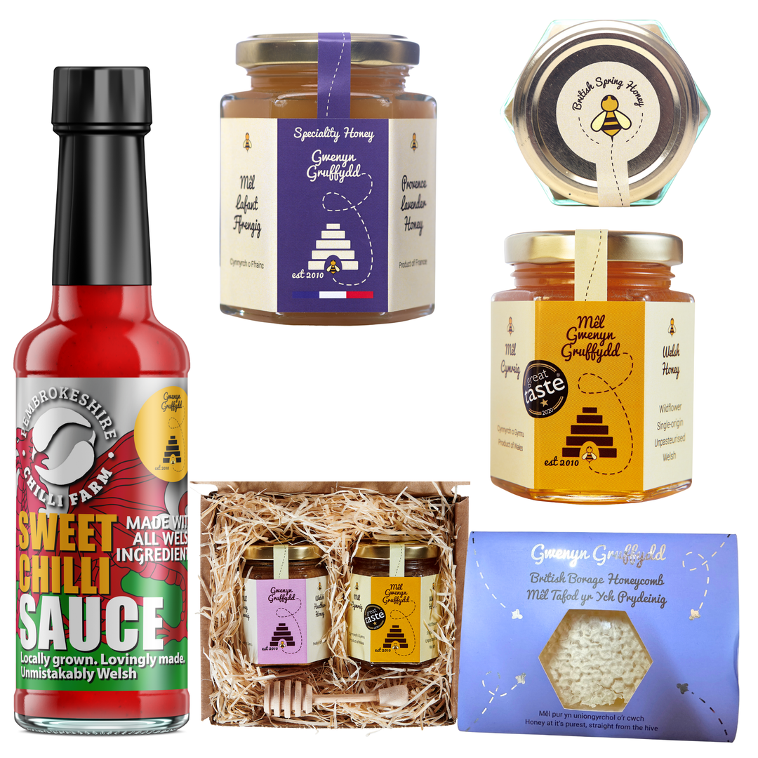 Gourmet gifts for food lovers — Welsh honey gift sets, artisan honey hampers, and natural food gifts handcrafted by Gwenyn Gruffydd.