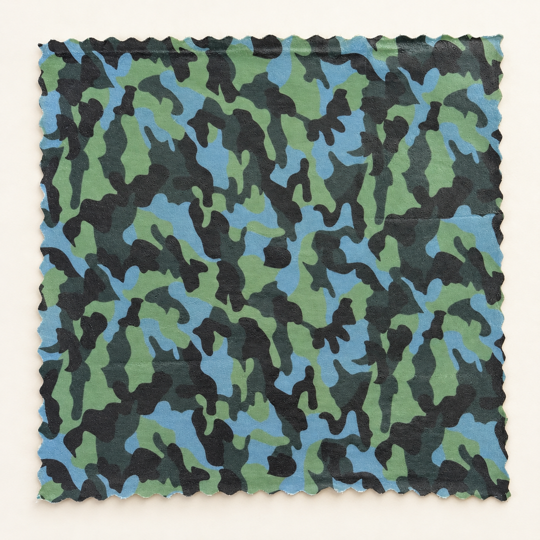 Reusable beeswax food wrap with a blue, green and charcoal camouflage pattern.