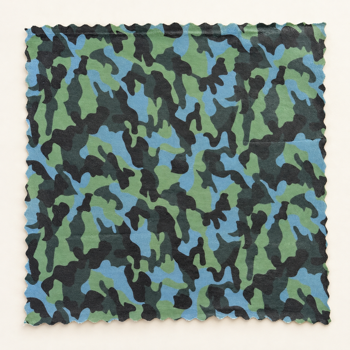 Reusable beeswax food wrap with a blue, green and charcoal camouflage pattern.