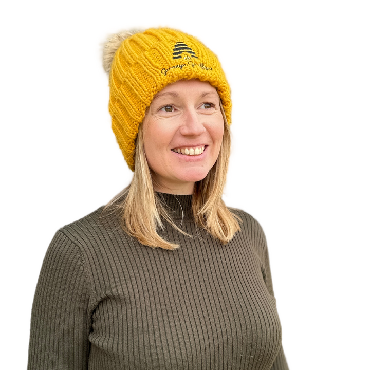 Gwenyn Gruffydd Mustard Yellow Winter Cuffed Chunky Beanie Hat with Fur Pom Pom