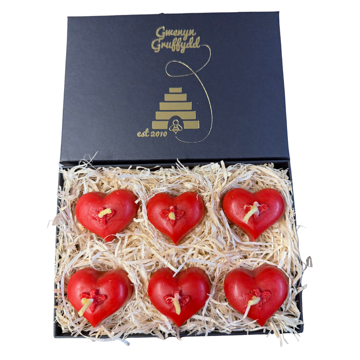 6 x Limited Edition Beeswax Heart Tealight Candles – St Dwynwen & Valentine’s Gift Set