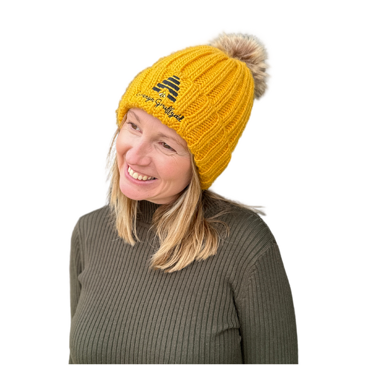 Gwenyn Gruffydd Mustard Yellow Winter Cuffed Chunky Beanie Hat with Fur Pom Pom