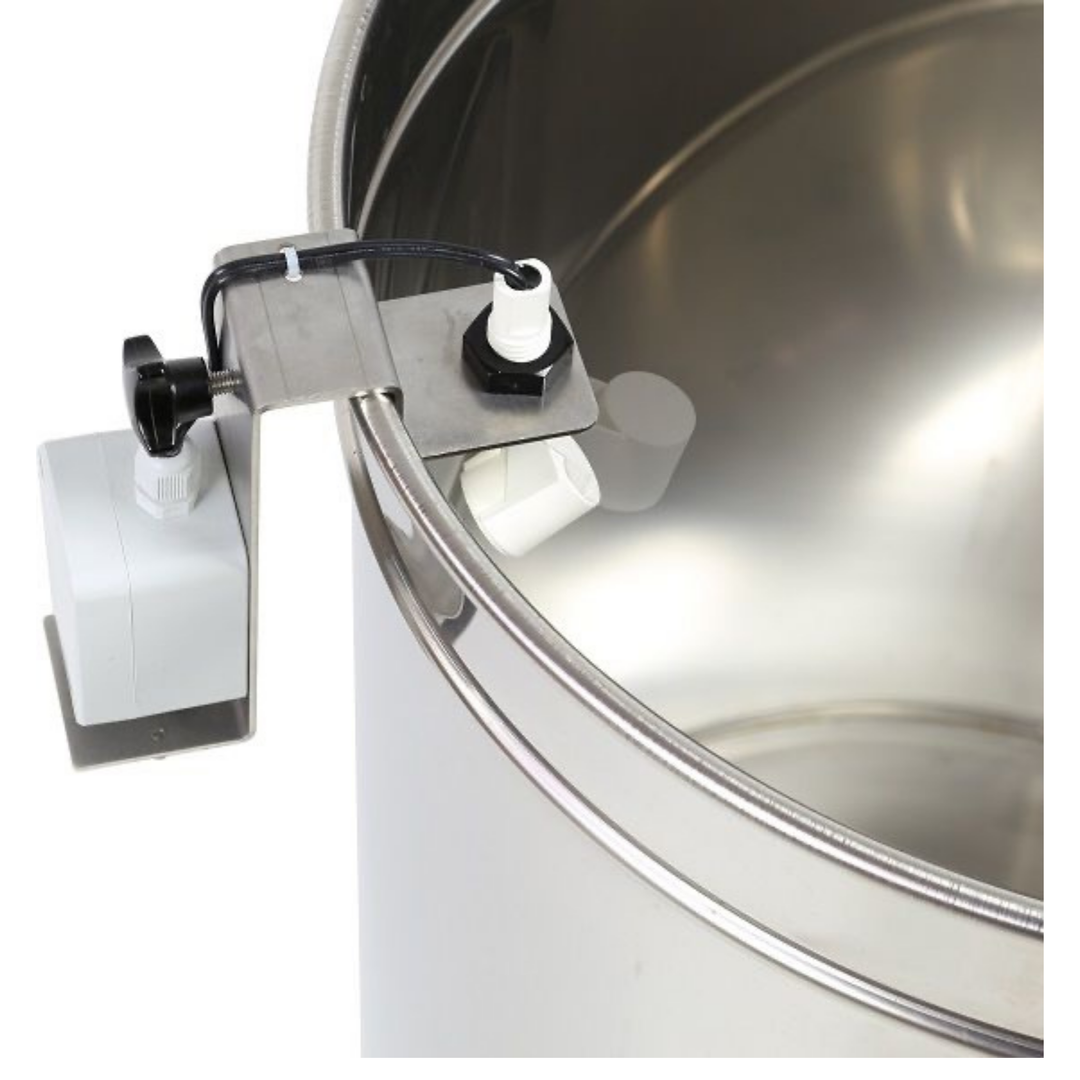 Honey level alarm with stainless steel case and food-safe floater for beekeeping containers