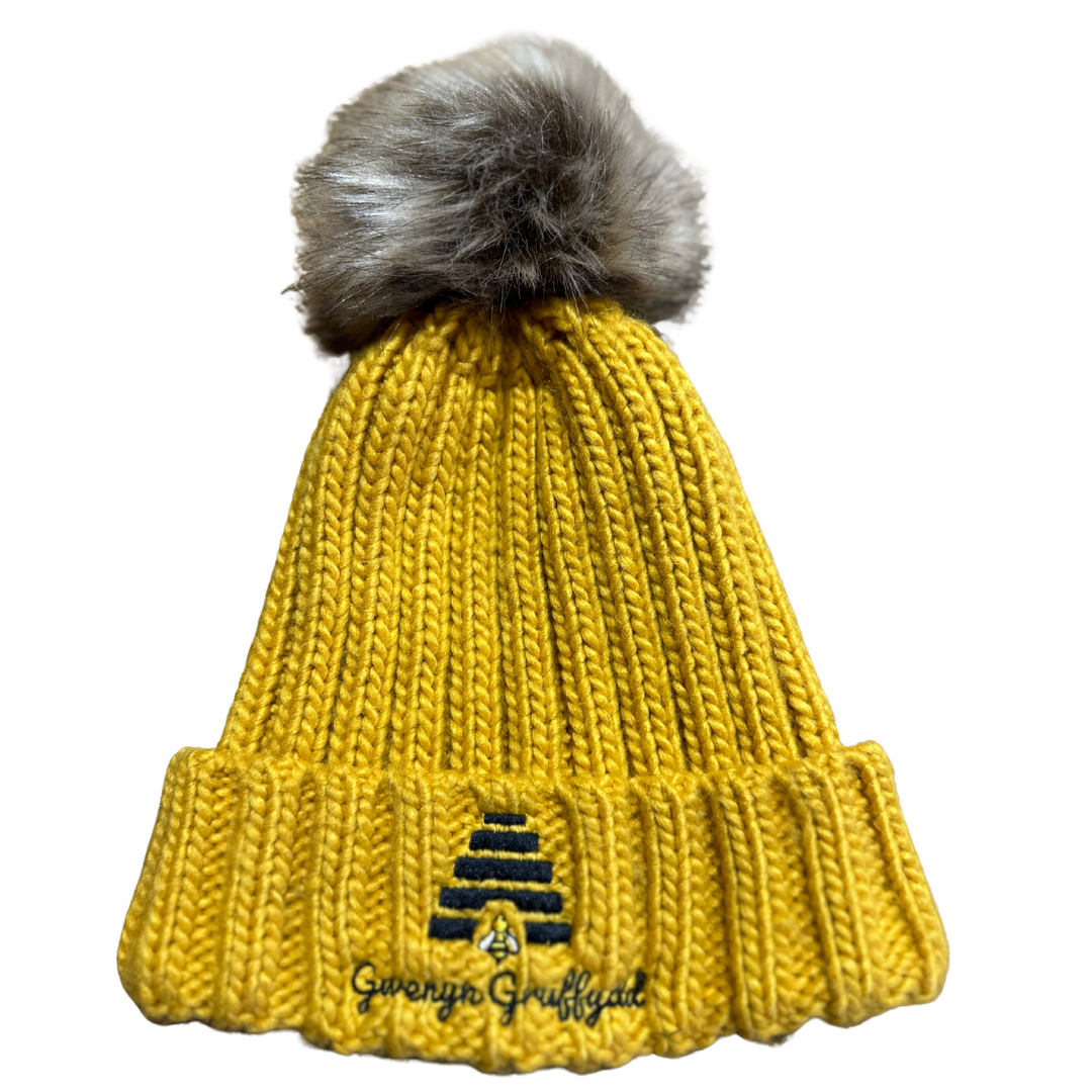 Gwenyn Gruffydd Mustard Yellow Winter Cuffed Chunky Beanie Hat with Fur Pom Pom