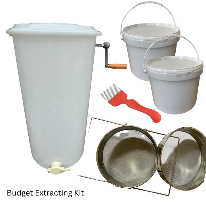 2 Frame Plastic Manual honey Extractor & Processing Kit-  Budget Starter Bundle