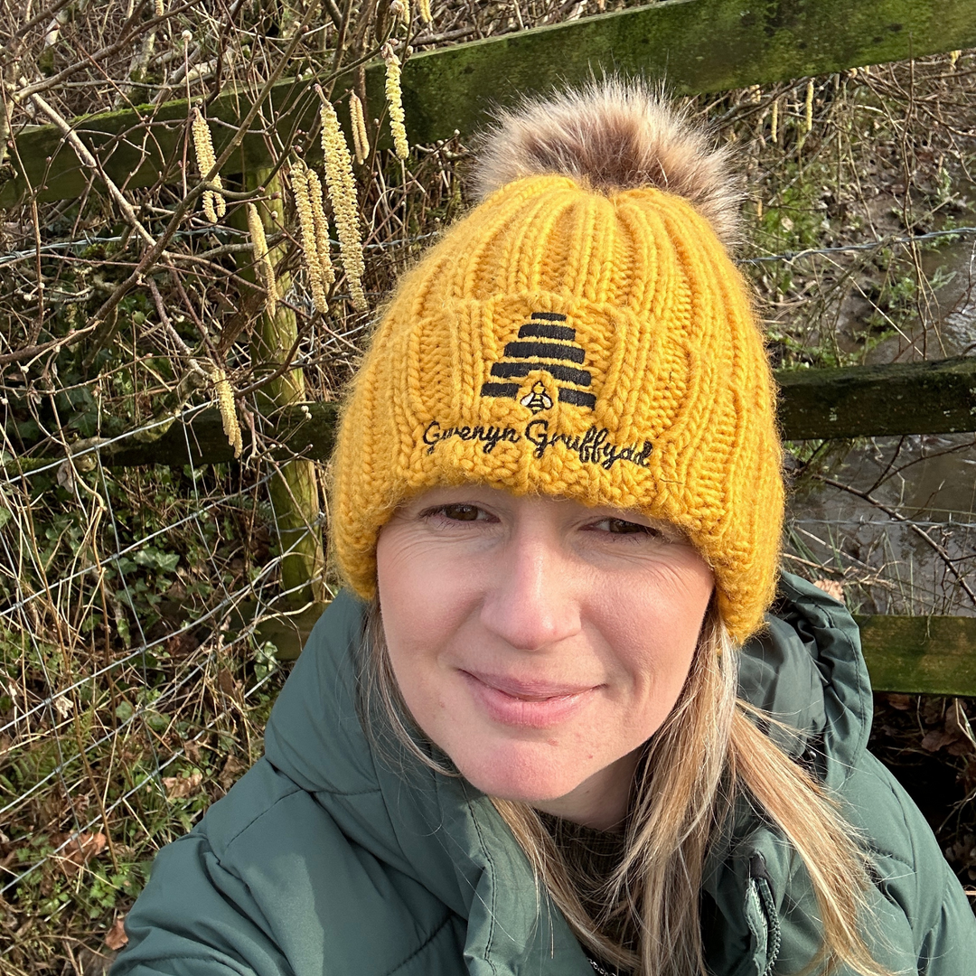 Gwenyn Gruffydd Mustard Yellow Winter Cuffed Chunky Beanie Hat with Fur Pom Pom