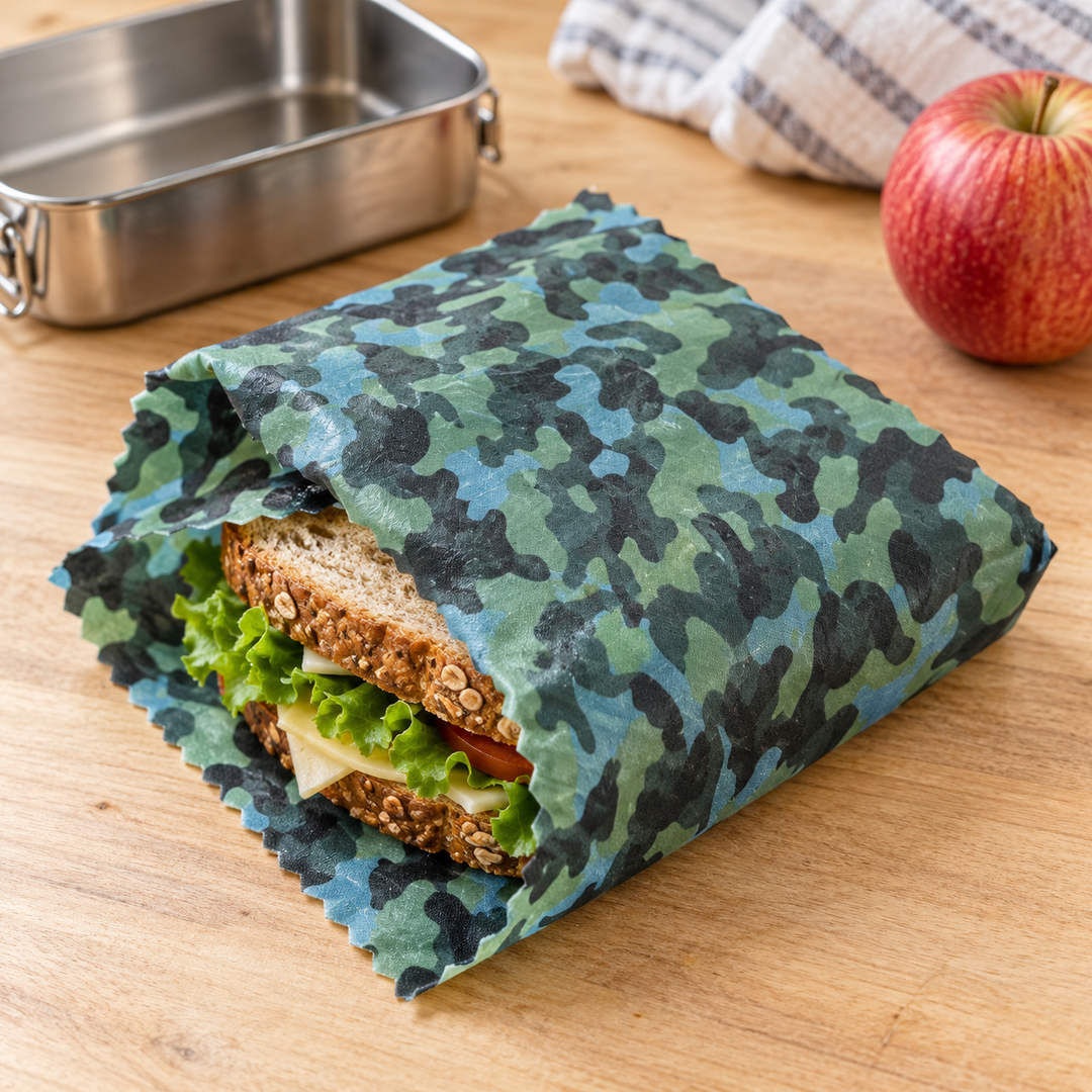 Reusable Beeswax Food Wrap – Camouflage, 30 × 30 cm