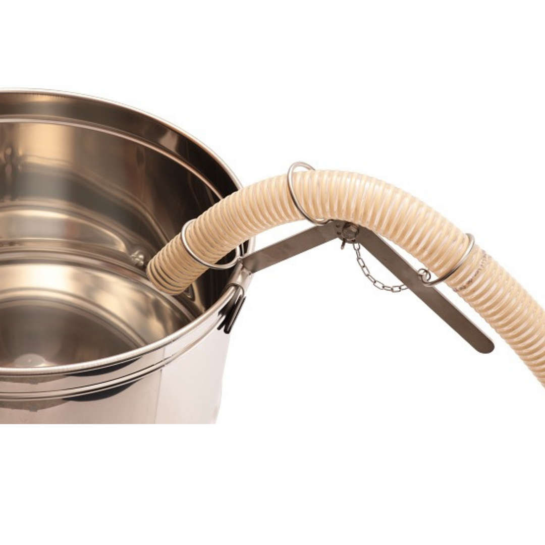 Honey hose support to prevent spills when transferring honey between tanks