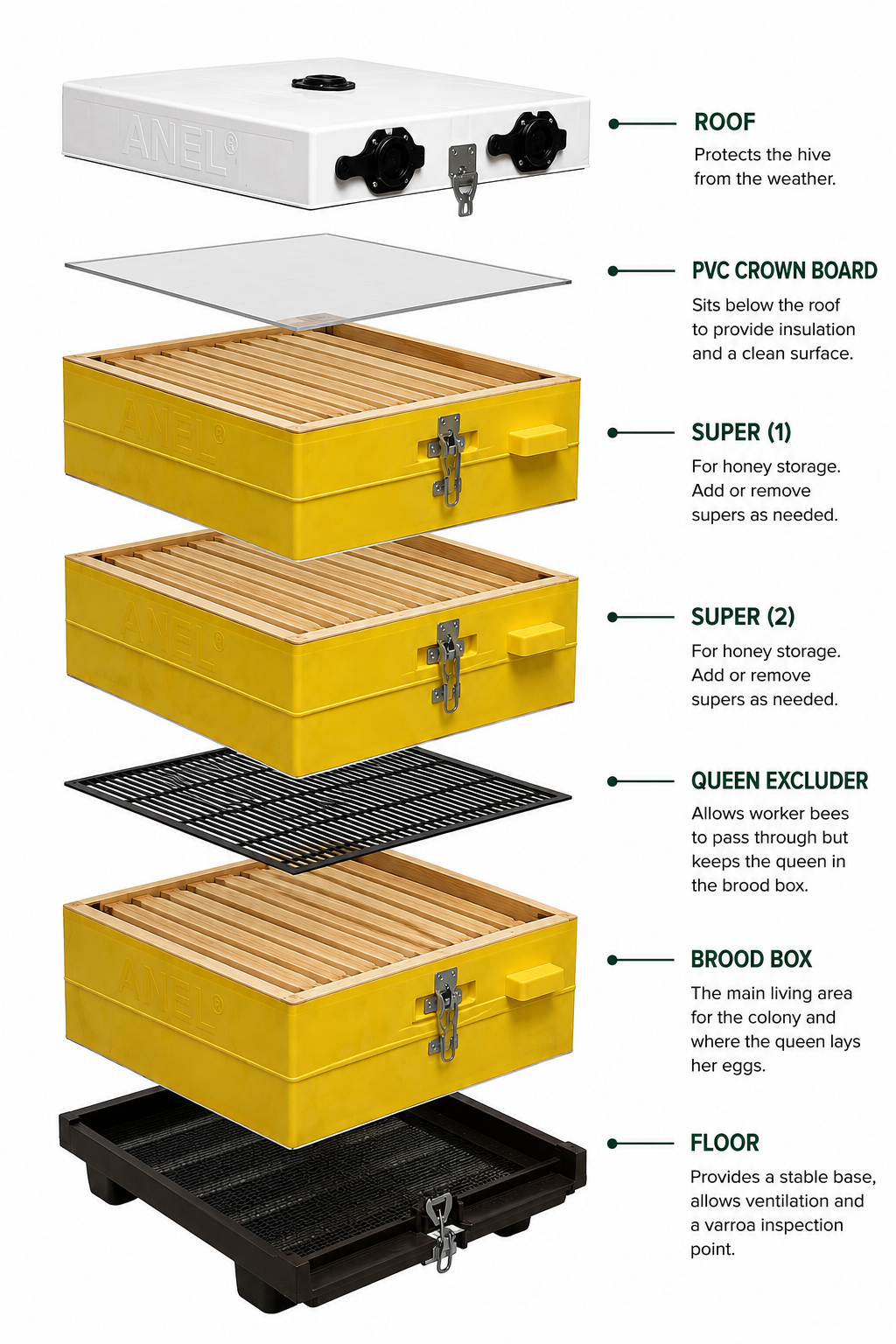 Exploded view of a hive showing the roof, PVC crown board, supers, queen excluder, brood box and floor.