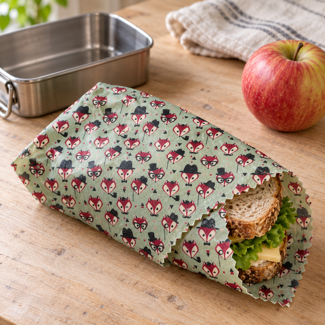 Reusable Beeswax Food Wrap – Fox Design, 30 × 30 cm