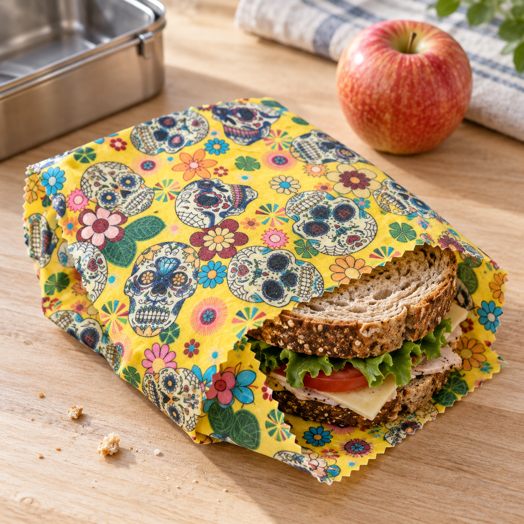 Reusable Beeswax Food Wrap – Skull &amp; Floral, 30 × 30 cm