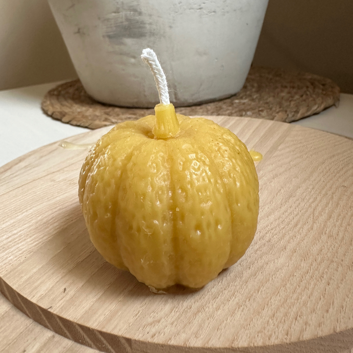 Handmade mini pumpkin candle made from 100% pure Welsh and British beeswax