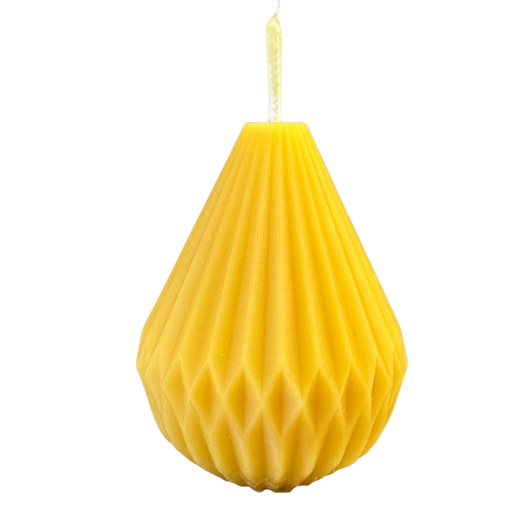 Handcrafted pear-shaped beeswax candle made from pure British beeswax with geometric origami design, by Gwenyn Gruffydd.