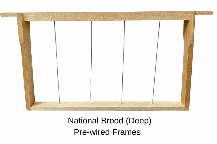 A light natural wood brood frame with five vertical metal wires, shown against a plain white background with text below reading &