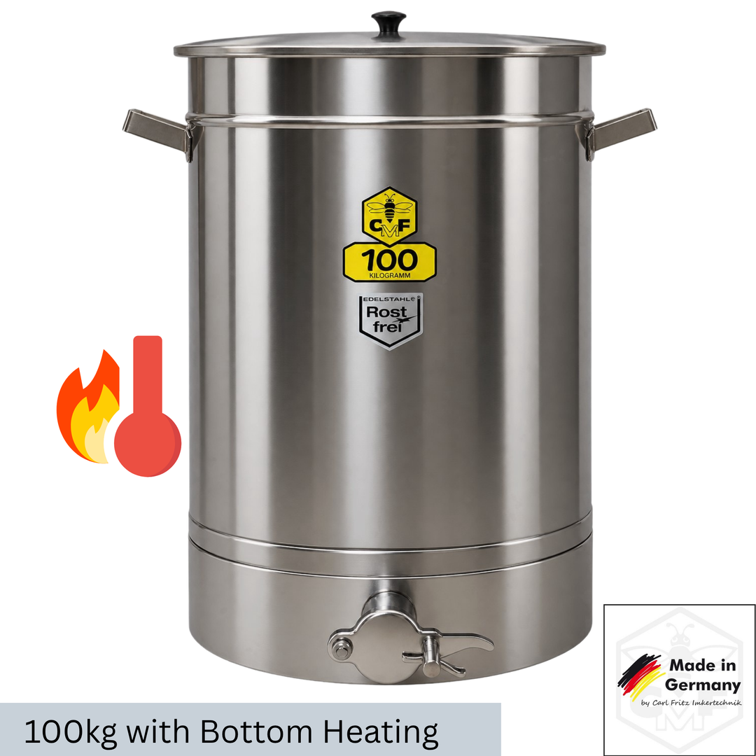 Carl Fritz 100kg stainless steel heated honey bottling tank with 800W bottom heater, loose-fitting lid and honey tap
