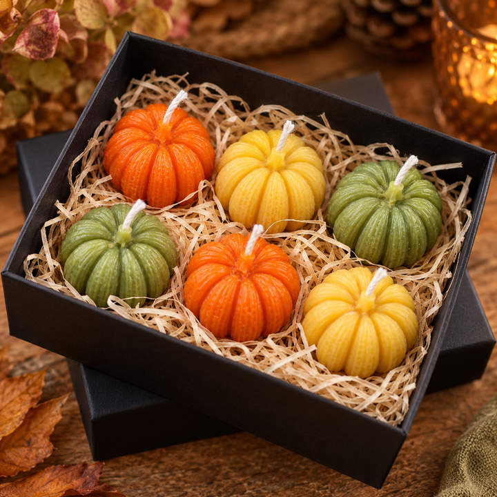 Gift box of six handmade mini pumpkin beeswax candles in orange, green and natural beeswax