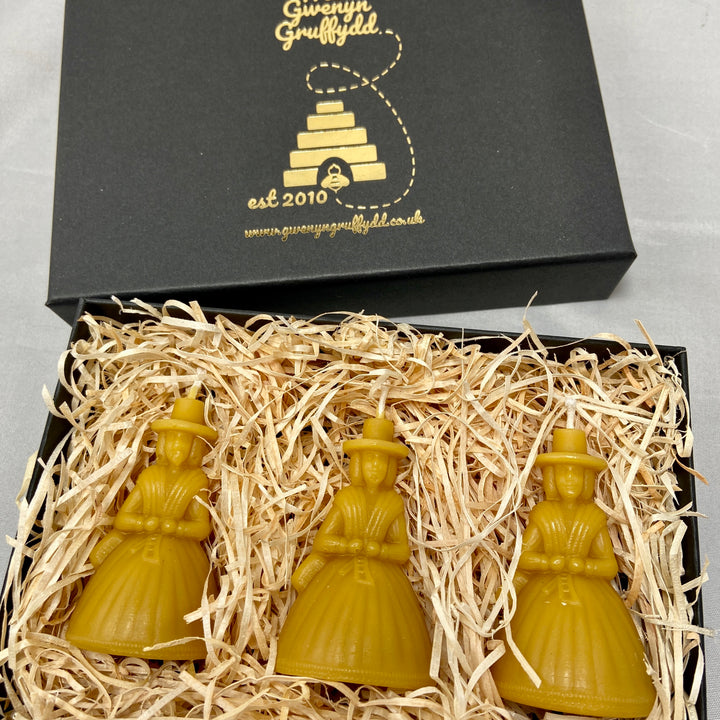 Welsh Lady Beeswax Candles Boxed Gift Set of 3 - Ladi Fach Gymraeg