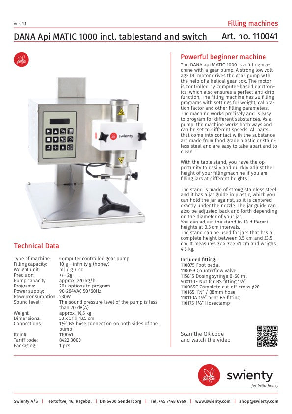 DANA api MATIC 1000 Honey Filling Bottling Machine with Stand and Switch by Swienty