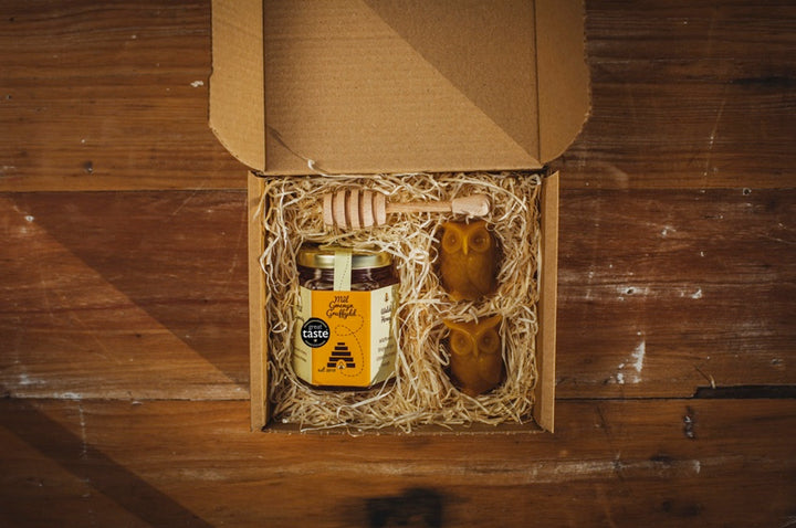 Small Welsh Wildflower Honey & Beeswax Candle Hamper Gift Set Box - Two Owls