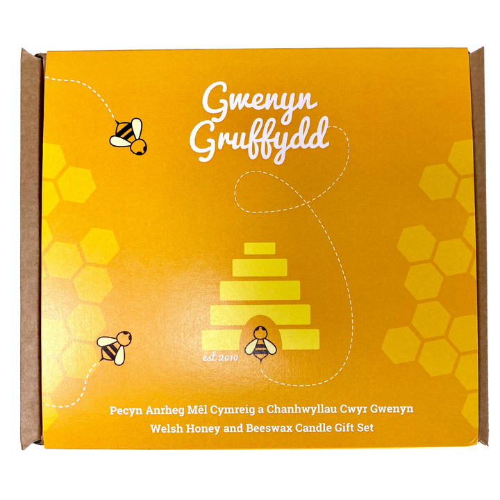 Small Welsh Wildflower Honey & Beeswax Candle Hamper Gift Set Box - Honeycomb Tealight with Honeybees