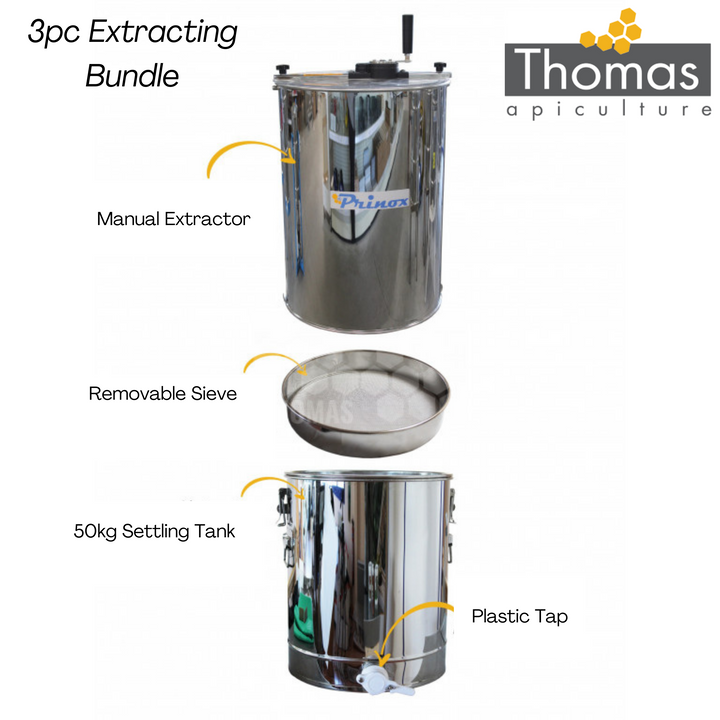 4 Frame Manual Extractor with Filter and 50kg Settling Tank Bundle by Thomas Apiculture