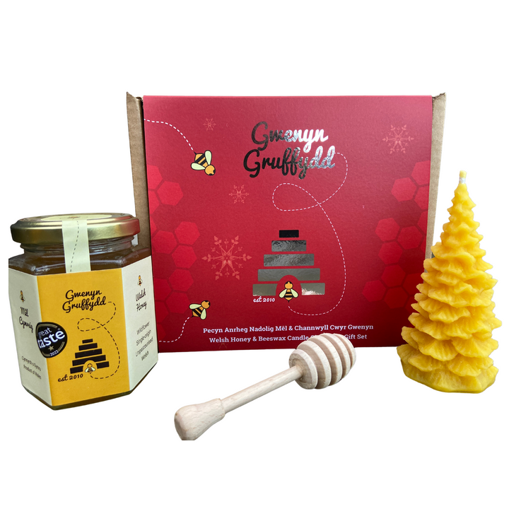 Welsh Wildflower Honey & Beeswax Candle Hamper Gift Set Box - Christmas Tree