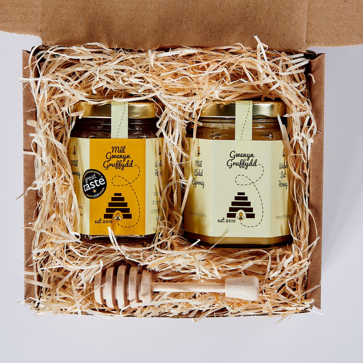 Welsh Runny & British Set Honey Gift Set with Wooden Honey Dipper, 227g