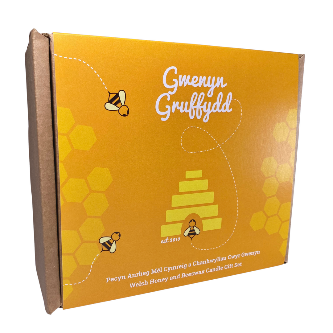 Small Welsh Wildflower Honey & Beeswax Candle Hamper Gift Set Box - Honeycomb Tealight with Honeybees