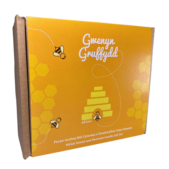 Small Welsh Wildflower Honey & Beeswax Candle Hamper Gift Set Box - Honeycomb Tealight with Honeybees