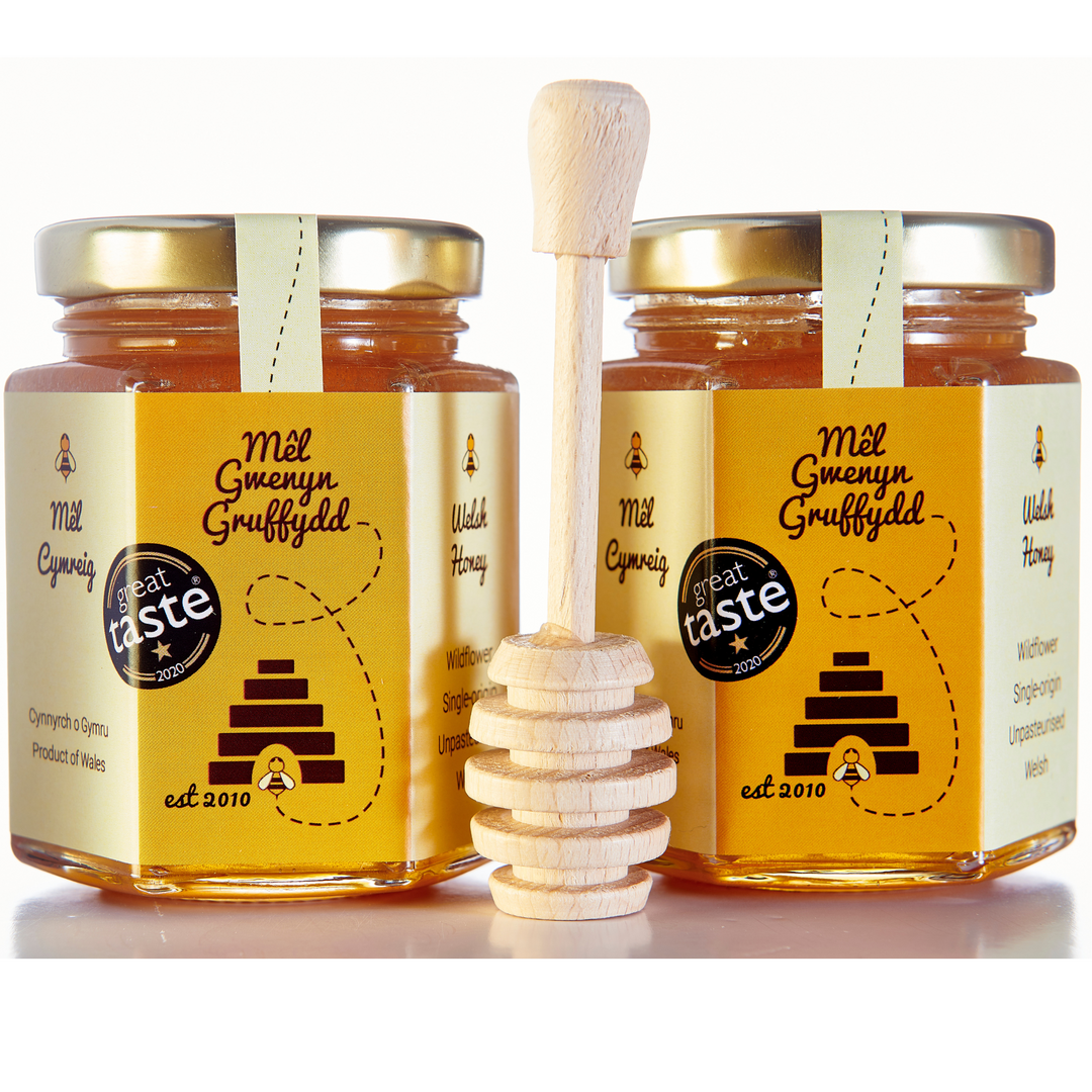 Welsh Honey Gift Set & Wooden Honey Dipper Twin Pack, 227g