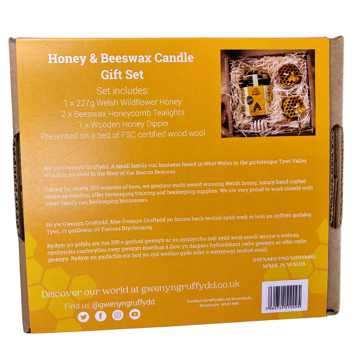 Small Welsh Wildflower Honey & Beeswax Candle Hamper Gift Set Box - Honeycomb Tealight with Honeybees