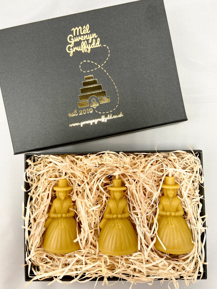 Welsh Lady Beeswax Candles Boxed Gift Set of 3 - Ladi Fach Gymraeg
