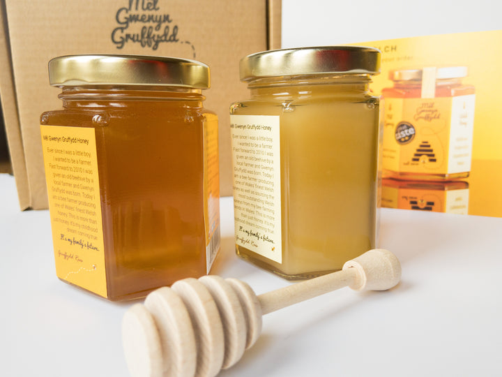 Welsh Runny & British Set Honey Gift Set with Wooden Honey Dipper, 227g