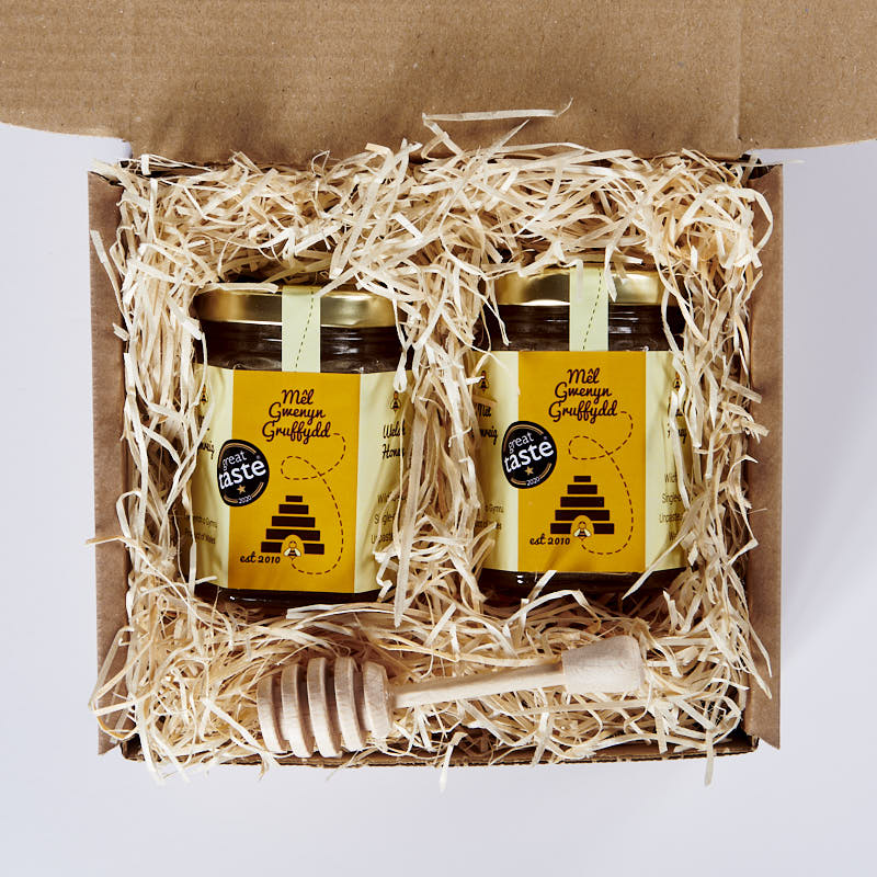 Welsh Honey Gift Set & Wooden Honey Dipper Twin Pack, 227g