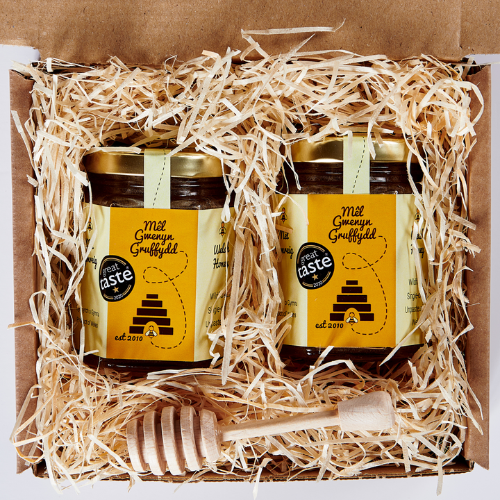 Welsh Honey Gift Set & Wooden Honey Dipper Twin Pack, 227g