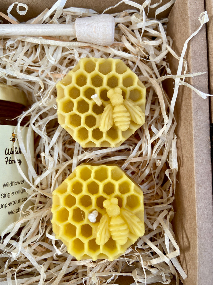 Small Welsh Wildflower Honey & Beeswax Candle Hamper Gift Set Box - Honeycomb Tealight with Honeybees