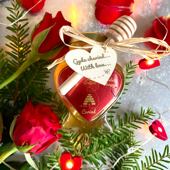 Cariad Welsh Honey Heart Jar & Mini Wooden Dipper | 135g