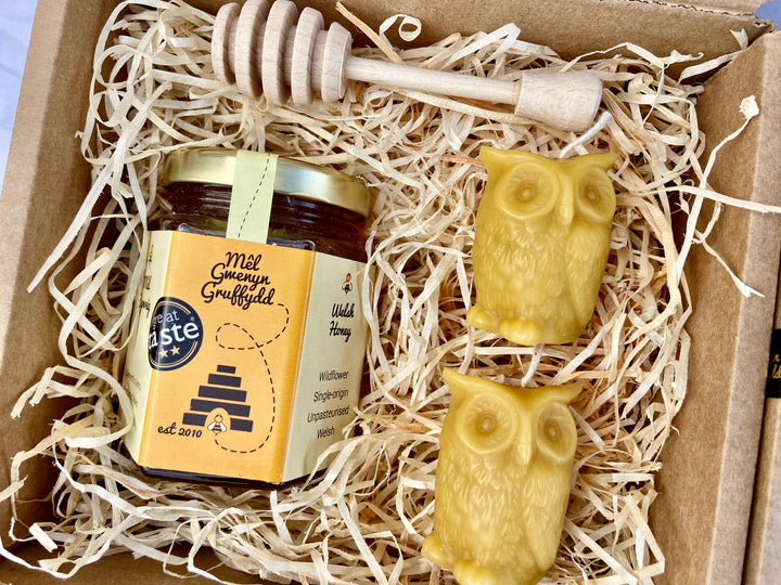 Small Welsh Wildflower Honey & Beeswax Candle Hamper Gift Set Box - Two Owls