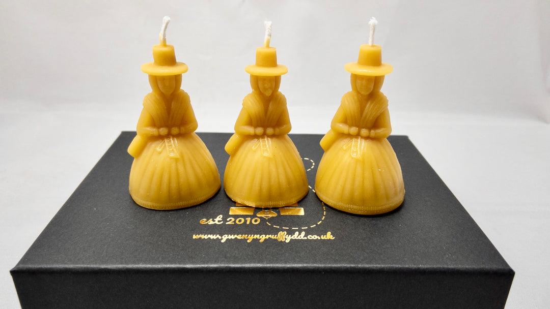 Welsh Lady Beeswax Candles Boxed Gift Set of 3 - Ladi Fach Gymraeg