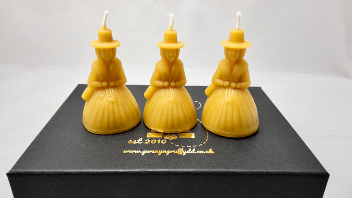 Welsh Lady Beeswax Candles Boxed Gift Set of 3 - Ladi Fach Gymraeg
