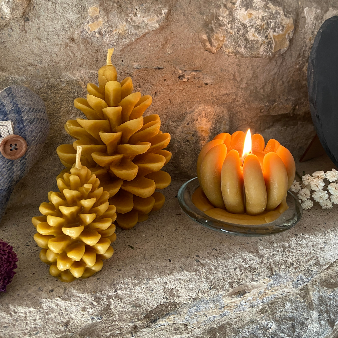 Lit beeswax pumpkin candle with handmade pine cone candles in an autumn display