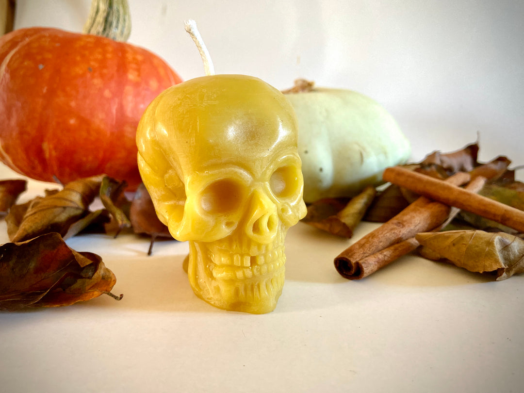 Small Beeswax Skull Candle – Handmade Halloween Candle