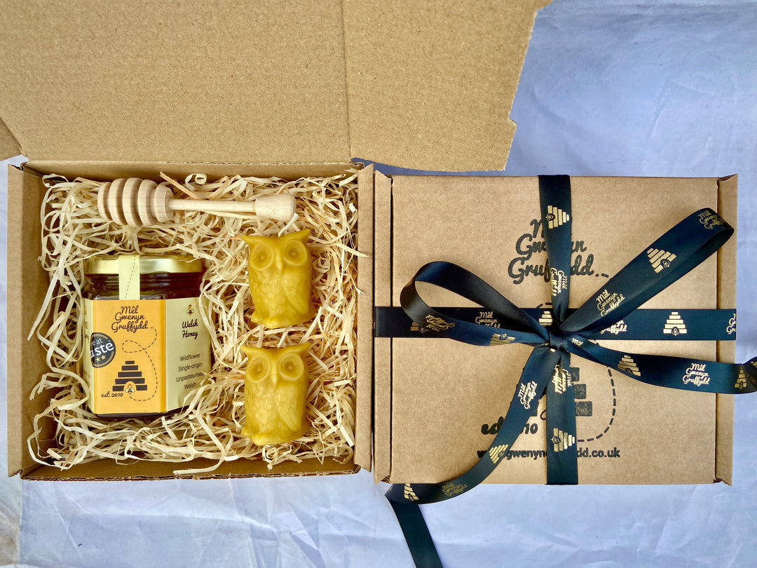 Small Welsh Wildflower Honey & Beeswax Candle Hamper Gift Set Box - Two Owls