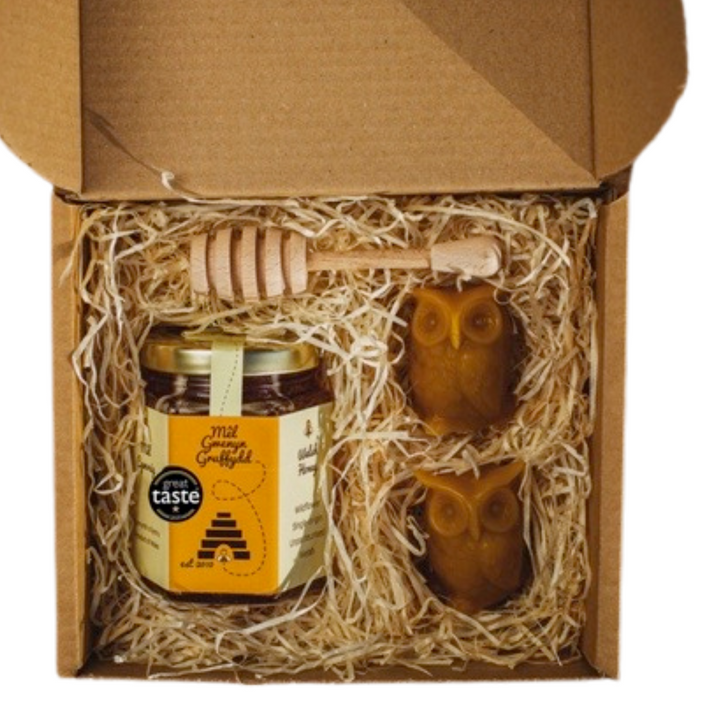 Small Welsh Wildflower Honey & Beeswax Candle Hamper Gift Set Box - Two Owls