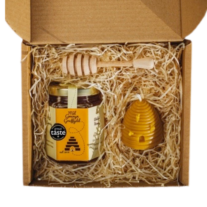 Small Welsh Wildflower Honey & Beeswax Candle Hamper Gift Set Box - Skep with Bees