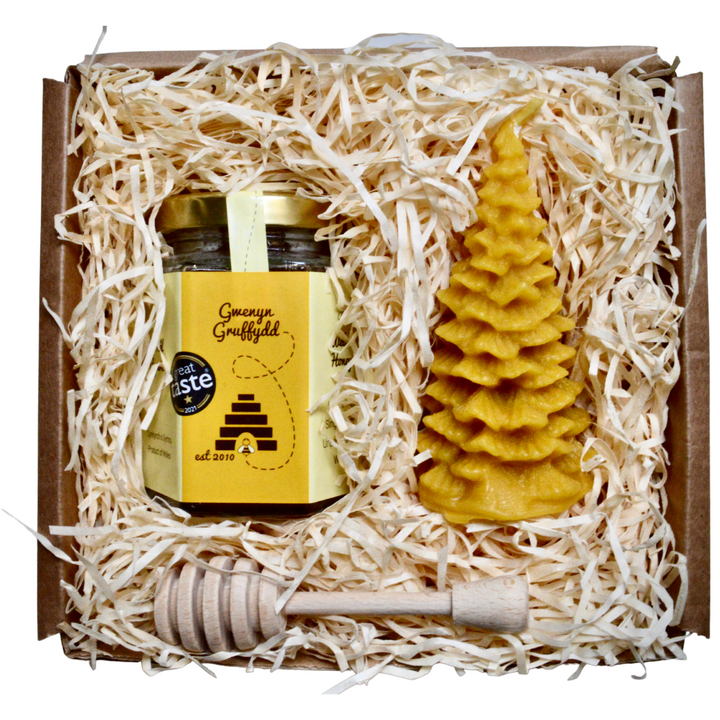 Welsh Wildflower Honey & Beeswax Candle Hamper Gift Set Box - Christmas Tree