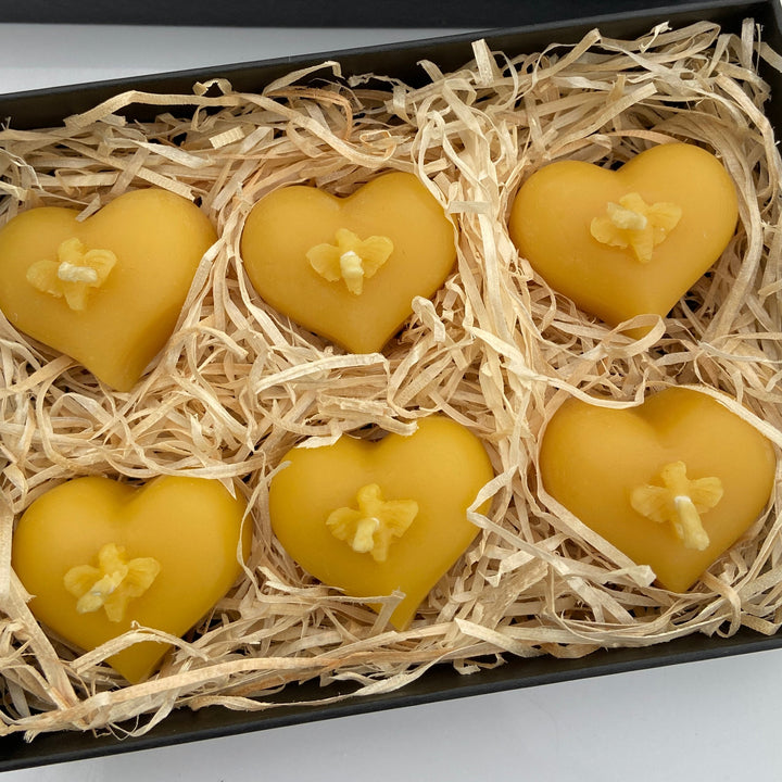 6x 100% Pure Beeswax Bee Heart Tealight Candles Gift Set
